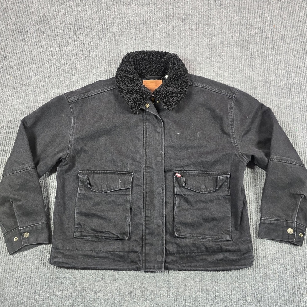 Levi's Premium Jacket Womens Medium Black Sherpa Collar Quilted Lined Workwear - Picture 1 of 13
